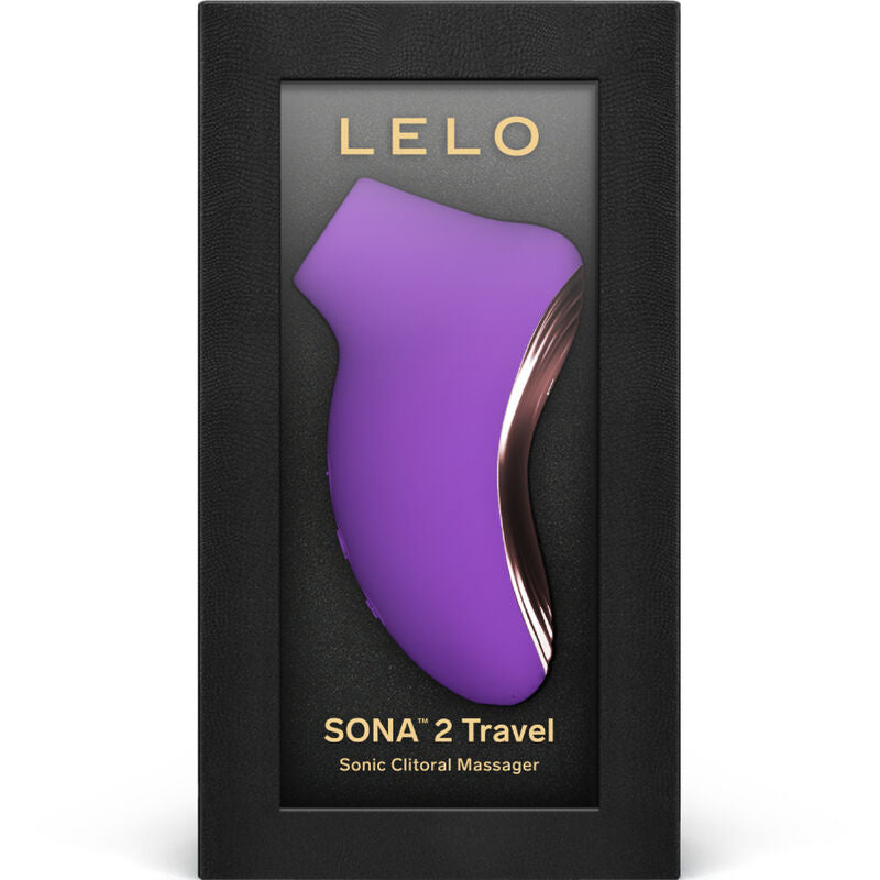 Stimulateur clitoridien Sona 2 Travel violet présenté dans sa boîte Lelo Sonic Clitoral Massager, format voyage compact en silicone à ondes soniques sans contact.