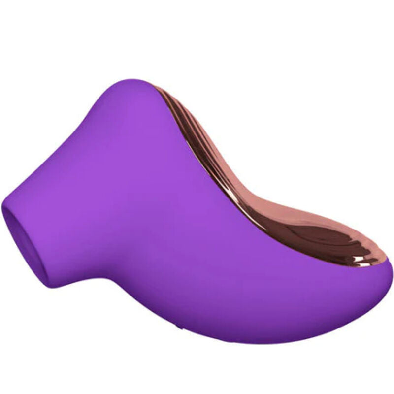 Stimulateur clitoridien Sona 2 Travel violet à façade dorée Lelo, vu en diagonale montrant l'embout sonique, masseur compact en silicone pour le voyage, étanche.