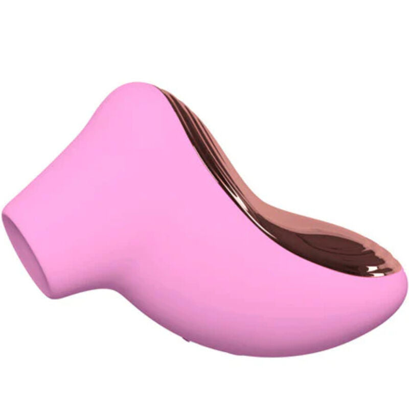Stimulateur clitoridien Sona 2 Travel rose pâle à façade dorée Lelo, vu en diagonale montrant l'embout sonique, masseur compact en silicone pour le voyage, étanche.