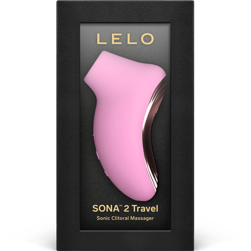 Stimulateur clitoridien Sona 2 Travel rose pâle présenté dans sa boîte Lelo Sonic Clitoral Massager, format voyage compact en silicone à ondes soniques sans contact.