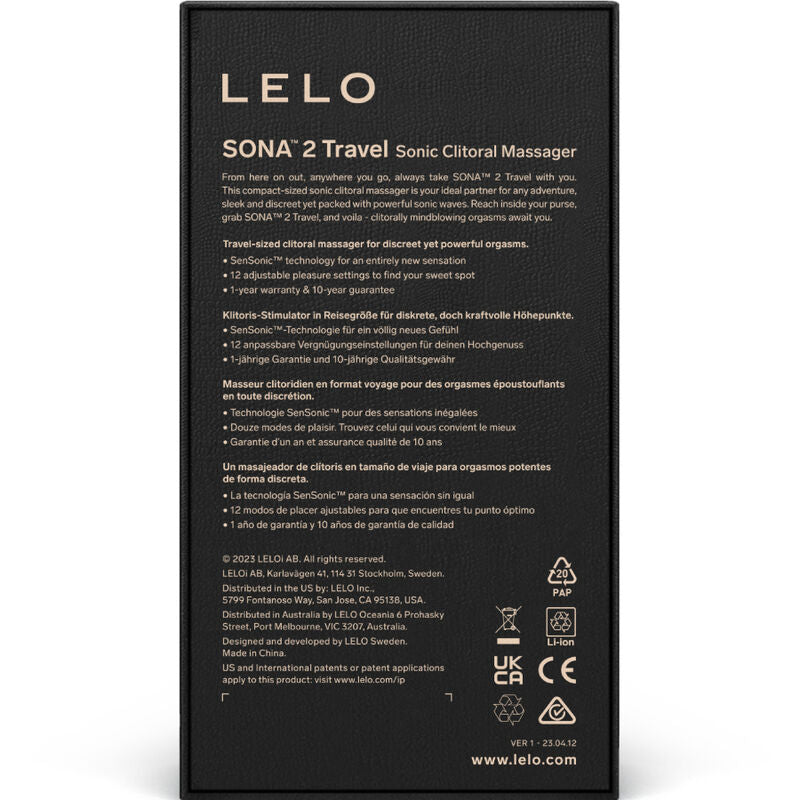 Dos de la boîte du Sona 2 Travel Sonic Clitoral Massager de Lelo, panneau noir listant la technologie SenSonic et les caractéristiques en plusieurs langues.