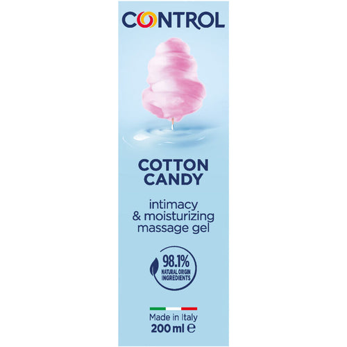 Flacon bleu clair Control Cotton Candy de face, gel de massage 3 en 1 barbe a papa 200 ml base eau, texture lisse et hydratante avec bouchon a 5 spheres massantes.
