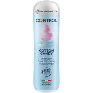 Flacon bleu clair Control Cotton Candy gel de massage 3 en 1 200 ml parfum barbe a papa, base eau a 98,1 pour cent d'ingredients naturels, capuchon a 5 spheres massantes.