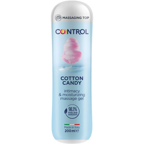 Flacon bleu clair Control Cotton Candy gel de massage 3 en 1 200 ml parfum barbe a papa, base eau a 98,1 pour cent d'ingredients naturels, capuchon a 5 spheres massantes.