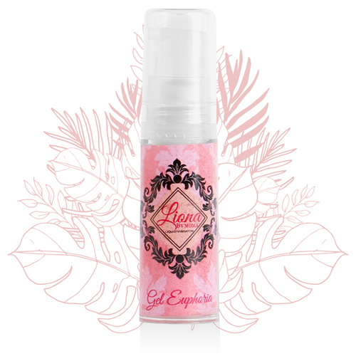 Gros plan du flacon pompe Liona By Moma Gel Euphoria rose damasse sur fond feuillage, gel stimulant intime a effet petillant ou picotant ressenti au contact des zones sensibles.