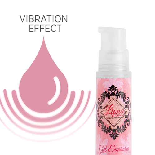 Flacon pompe Liona By Moma habillage rose damasse pres du logo goutte rose Vibration Effect, Gel Euphoria stimulant intime a sensation petillante au contact des zones sensibles.