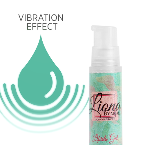 Flacon pompe Liona By Moma habillage vert d'eau pres du logo goutte verte Vibration Effect, Libido Gel stimulant intime a sensation vibrante au contact des zones sensibles.