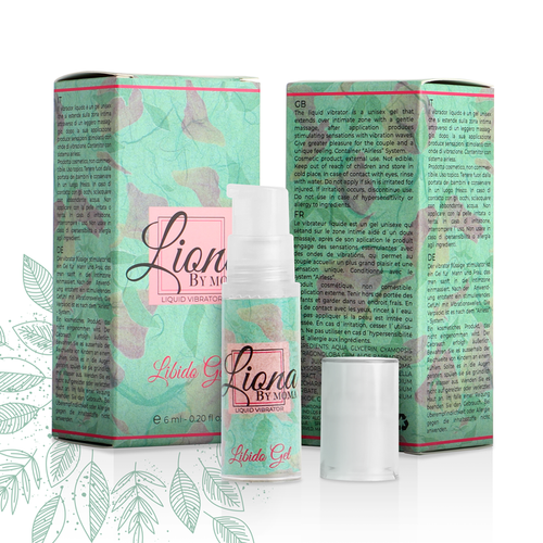 Flacon pompe Liona By Moma vert d'eau et capuchon devant deux boites assorties, Libido Gel stimulant intime a effet vibrant pour reveiller les sensations sur zones sensibles.