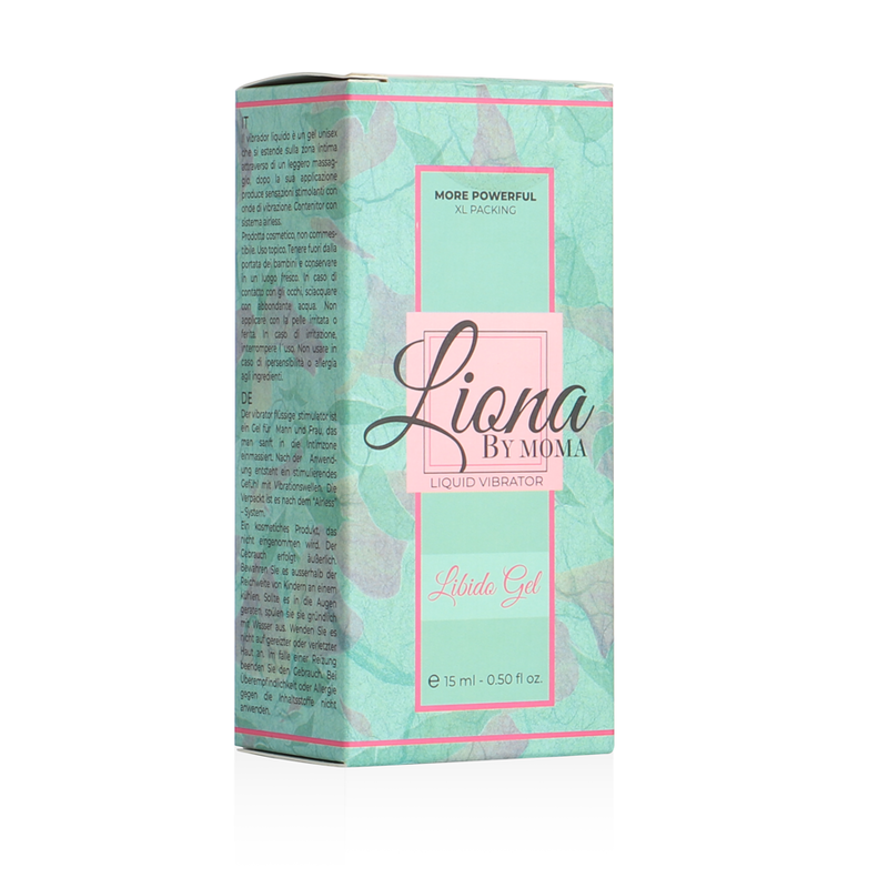 Boite vert d'eau Liona By Moma Libido Gel vue de trois quarts, gel stimulant intime a appliquer pour une sensation picotante au contact, format cosmetique intime.
