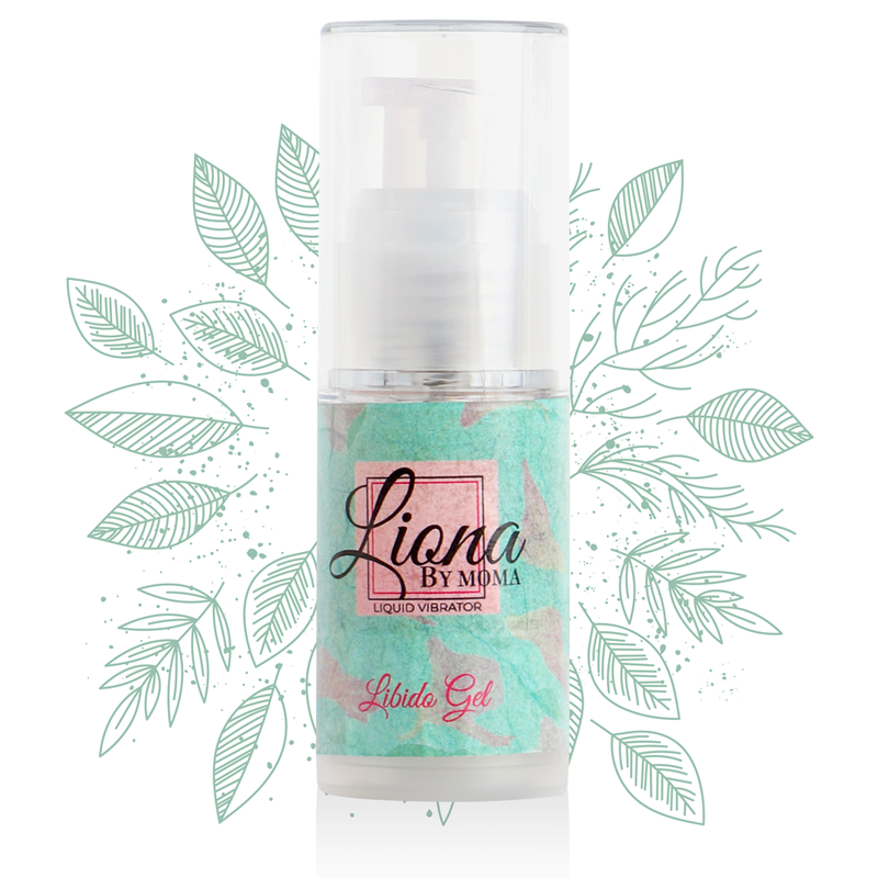 Flacon pompe Liona By Moma Libido Gel vert d'eau couche sur fond feuillage, gel stimulant intime a sensation vibrante ou picotante au contact des zones sensibles.