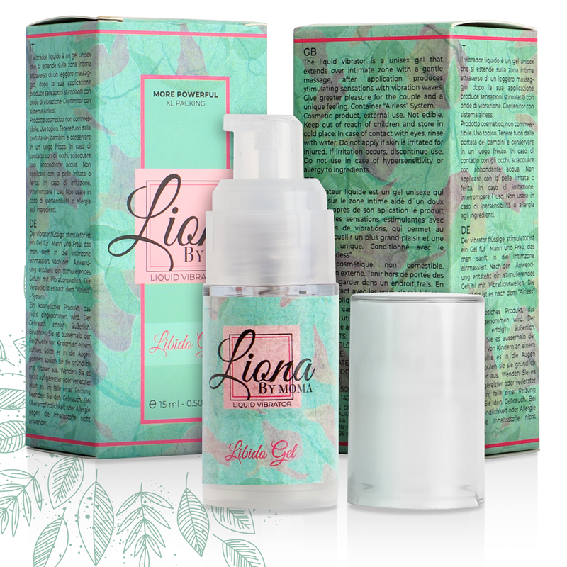 Flacon pompe Liona By Moma vert d'eau et capuchon devant deux boites More Powerful, Libido Gel stimulant intime a effet picotant pour reveiller les sensations intimes.