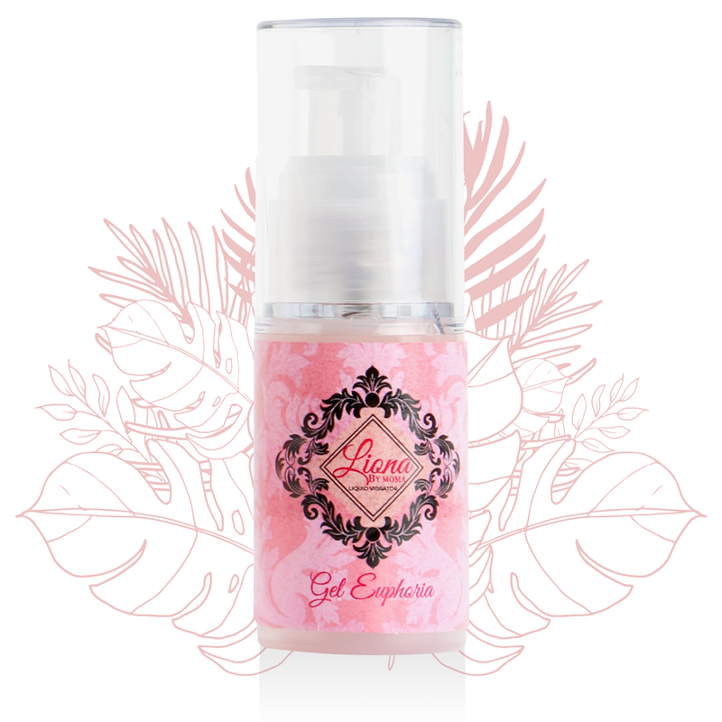 Flacon pompe Liona By Moma Gel Euphoria rose damasse couche sur fond feuillage, gel stimulant intime a effet petillant ou picotant ressenti au contact des zones sensibles.