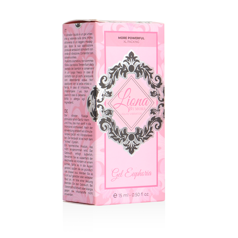 Boite rose damasse Liona By Moma Gel Euphoria 15 ml de face mention More Powerful, gel stimulant intime a effet euphorisant petillant ressenti au contact, cosmetique.