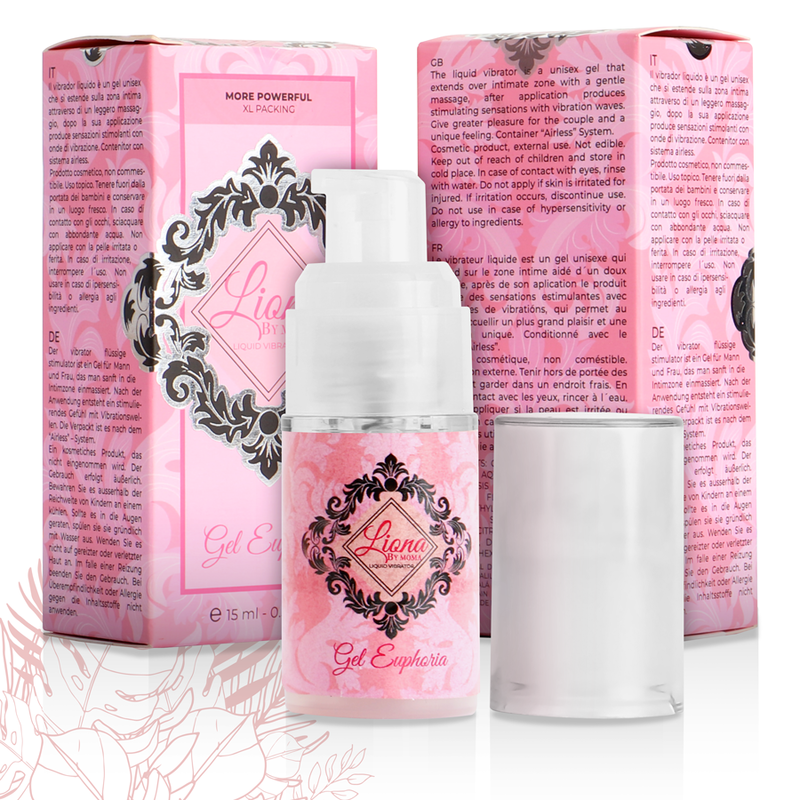 Flacon pompe Liona By Moma rose damasse et capuchon devant deux boites More Powerful, Gel Euphoria stimulant intime a effet petillant pour reveiller les sensations intimes.