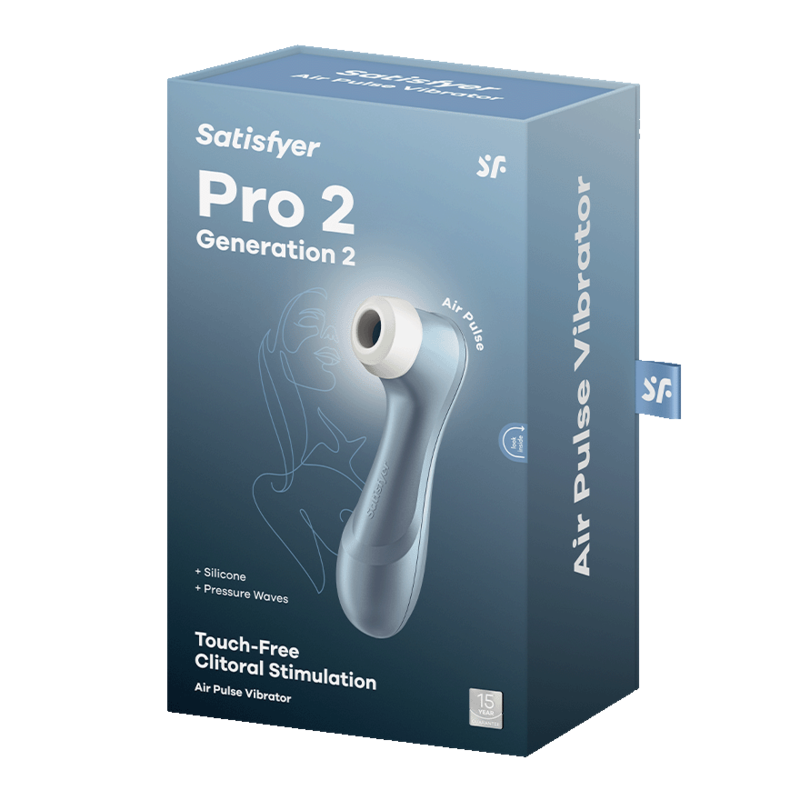 Boite du stimulateur clitoridien Satisfyer Pro 2 Generation 2 en silicone, technologie Air Pulse par ondes de pression sans contact, visuel packaging gris et bleu.