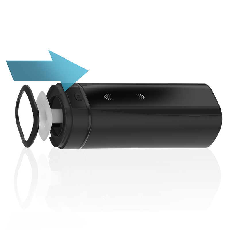 Schema de montage de l'Onyx+ avec gaine interne et anneau de maintien encliquetes dans la coque noire, appareil interactif a va-et-vient et rotation pilotable par application.