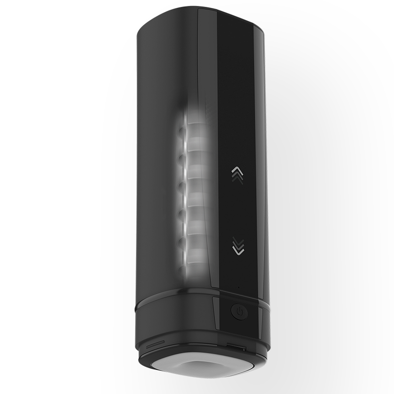 Masturbateur Onyx+ ouvert laissant voir sa gaine interne blanche striee lisse et non realiste, coque noire a commandes tactiles, technologie de rotation interactive Kiiroo.