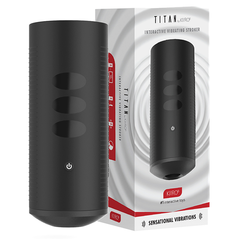 Masturbateur Titan Sensational Vibrations avec sa boite argentee, coque noire a trois reliefs ovales et bouton tactile, stroker vibrant interactif connecte par application.