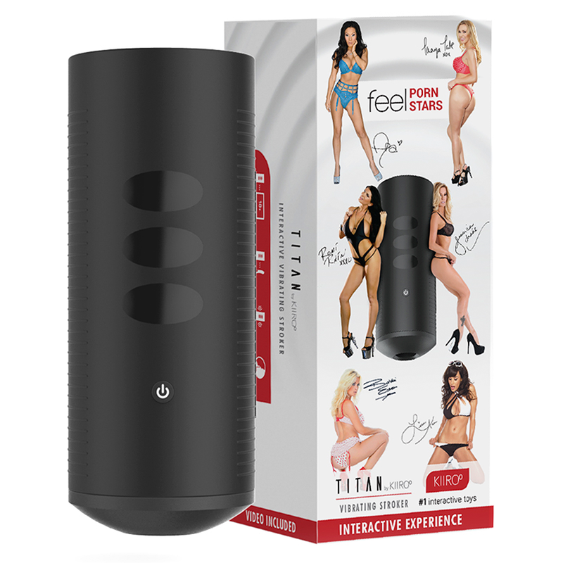 Masturbateur Titan vibration tactile avec boite Feel Porn Stars montrant des actrices en lingerie, coque noire a reliefs ovales, stroker connecte rechargeable par application.