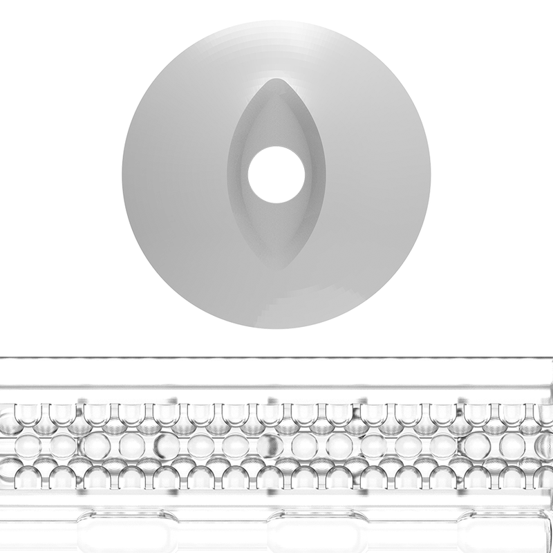 Gaine Power Sleeve transparente vue de face avec ouverture ronde lisse et coupe montrant la texture interne a billes, manchon de rechange pour masturbateur Titan.