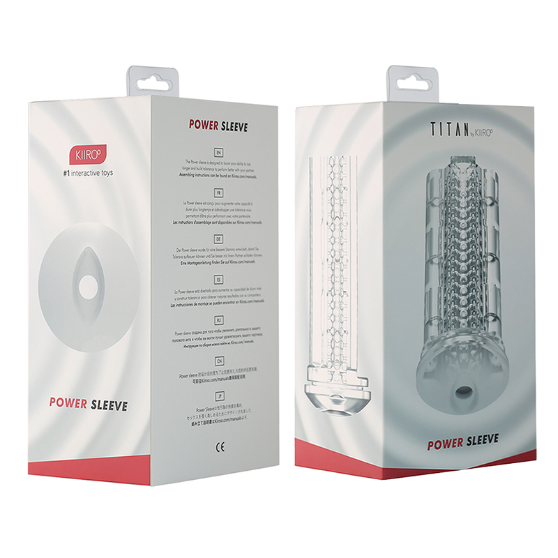 Boite Power Sleeve Titan et gaine de rechange transparente a texture interne perlee, manchon non realiste concu pour augmenter force et endurance avec le masturbateur Titan.