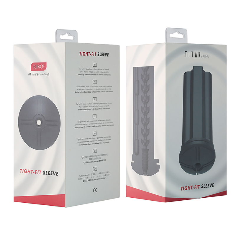 Boite Tight-Fit Sleeve Titan et manchon de rechange noir a texture interne, ouverture serree lisse non realiste, manchon a ajustement tres serre pour masturbateur Titan.