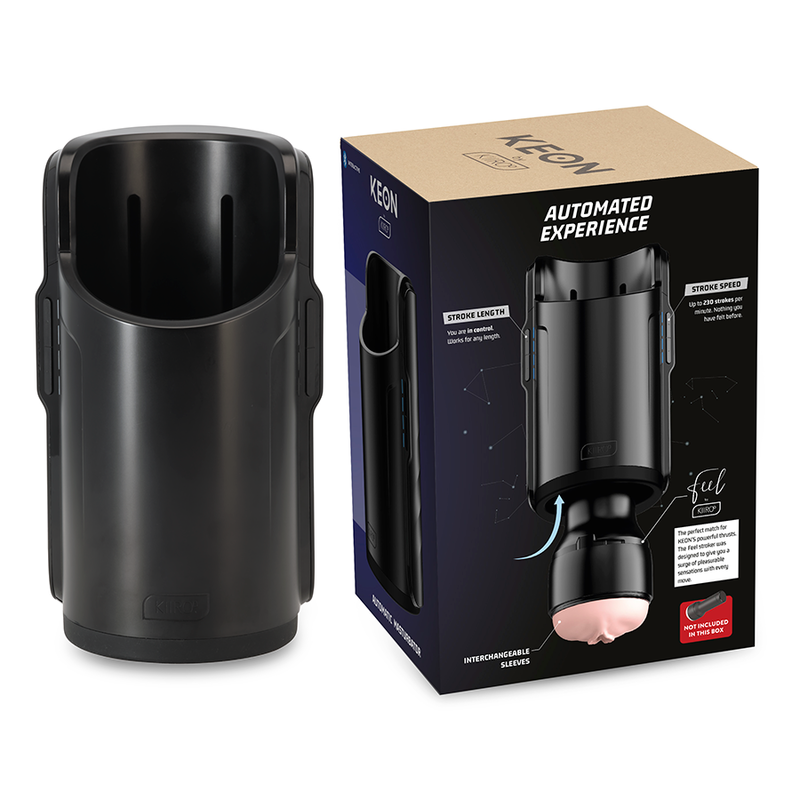 Masturbateur automatique Keon en coque noire et sa boite Automated Experience, appareil motorise interactif pour va-et-vient synchronise, sans element anatomique.