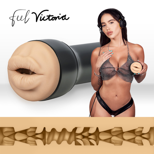 Masturbateur bouche Feel Victoria Kiiroo, orifice fellation moule couleur chair pres d'un visuel d'actrice ; coupe montrant le canal interne texture en spirale pour usage solo.