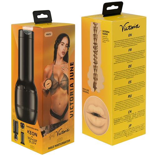 Boites jaunes du masturbateur Victoria June Kiiroo montrant la gaine bouche moulee et l'actrice ; coffret KEON compatible, canal fellation realiste pour sensations orales.
