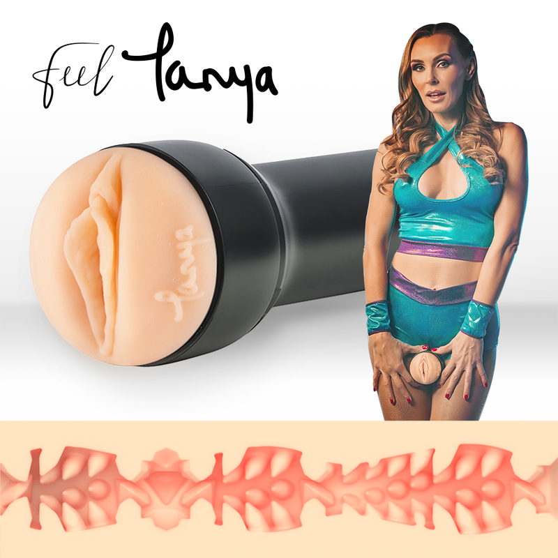 Masturbateur Feel Tanya Kiiroo, orifice vulve moule couleur chair pres d'un visuel d'actrice en lingerie ; coupe montrant le canal interne texture en spirale pour usage solo.