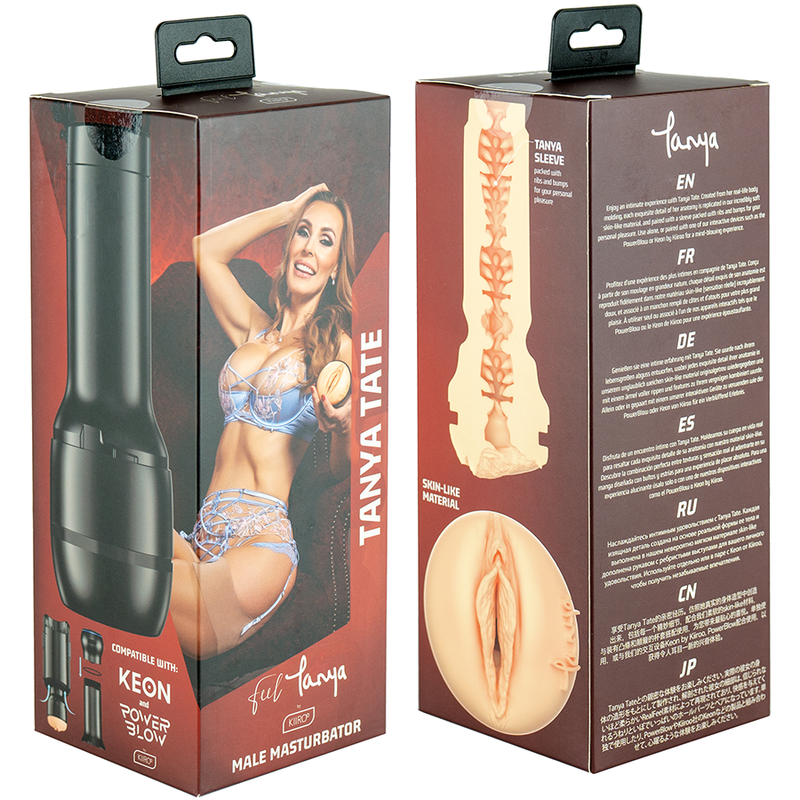Boites du masturbateur Tanya Tate Kiiroo montrant la gaine vulve moulee et l'actrice ; coffret KEON compatible, canal vaginal realiste couleur chair pour usage solo.