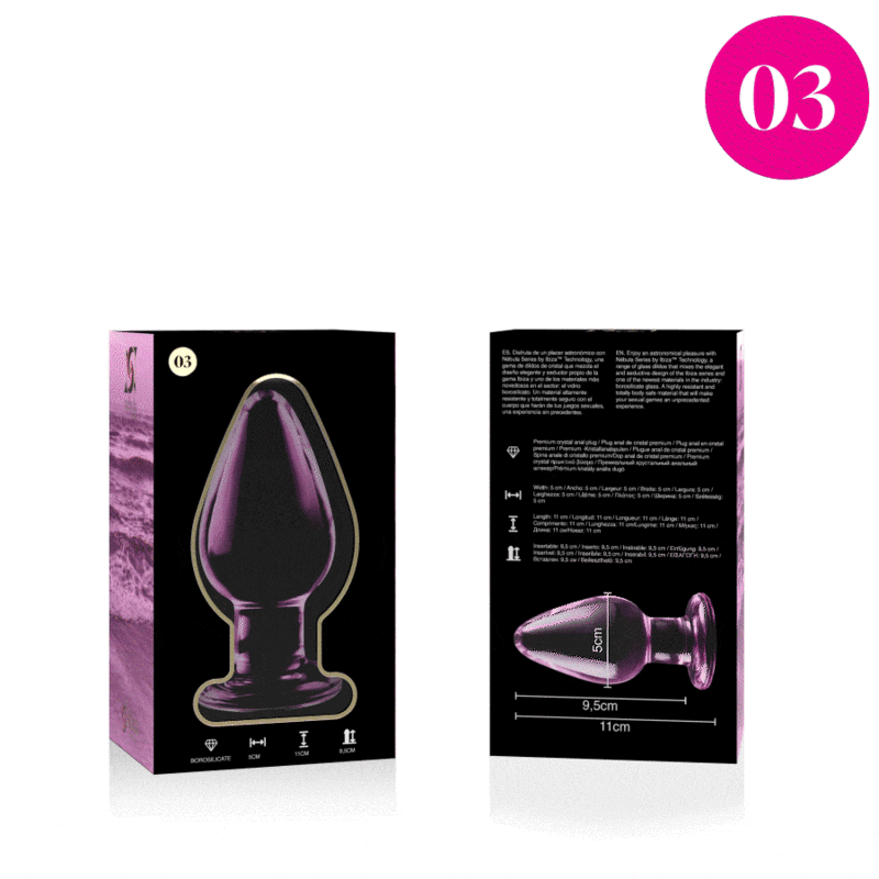 Deux boites Nebula Series du plug anal conique en verre, faces avant et arriere avec schema, presentation packaging du modele teinte lisse non poreux.