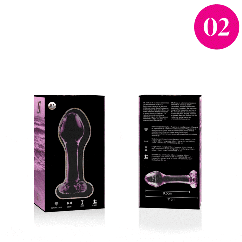 Deux boites Nebula Series du plug anal fin en verre, faces avant et arriere avec schema 9,5 cm, presentation packaging du modele transparent lisse non poreux.