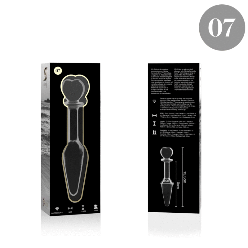 Packaging Nebula Series recto verso du gode anal en verre double embout, visuel produit et schema 13,5 cm imprime, modele transparent lisse au jeu thermique.
