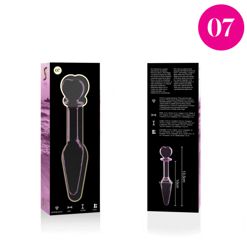 Deux boites Nebula Series du gode anal en verre double embout, faces avant et arriere avec schema 13,5 cm, presentation packaging du modele teinte lisse non poreux.