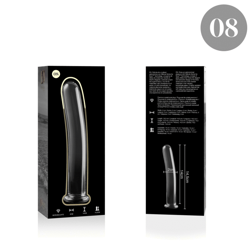 Packaging noir Nebula Series du gode fin en verre, visuel produit et schema technique 14,5 cm imprime, modele transparent incurve lisse au jeu de temperature.