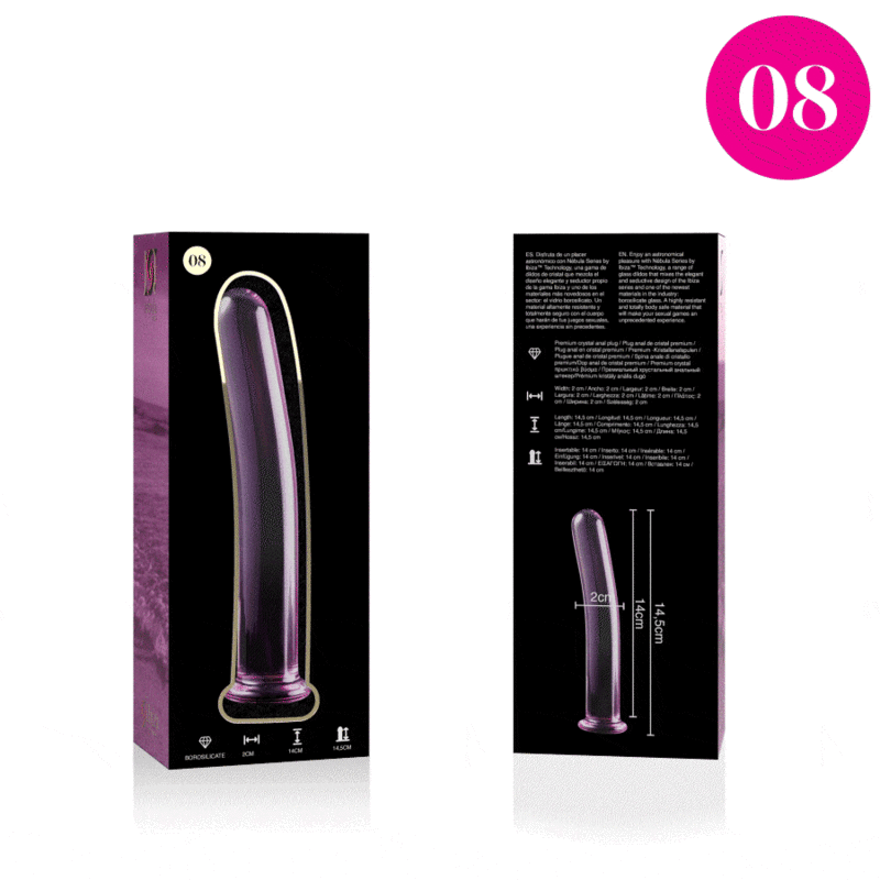 Packaging Nebula Series et schema technique 14,5 cm du gode fin en verre, modele teinte rose-violet, tige incurvee lisse au jeu de temperature chaud-froid.