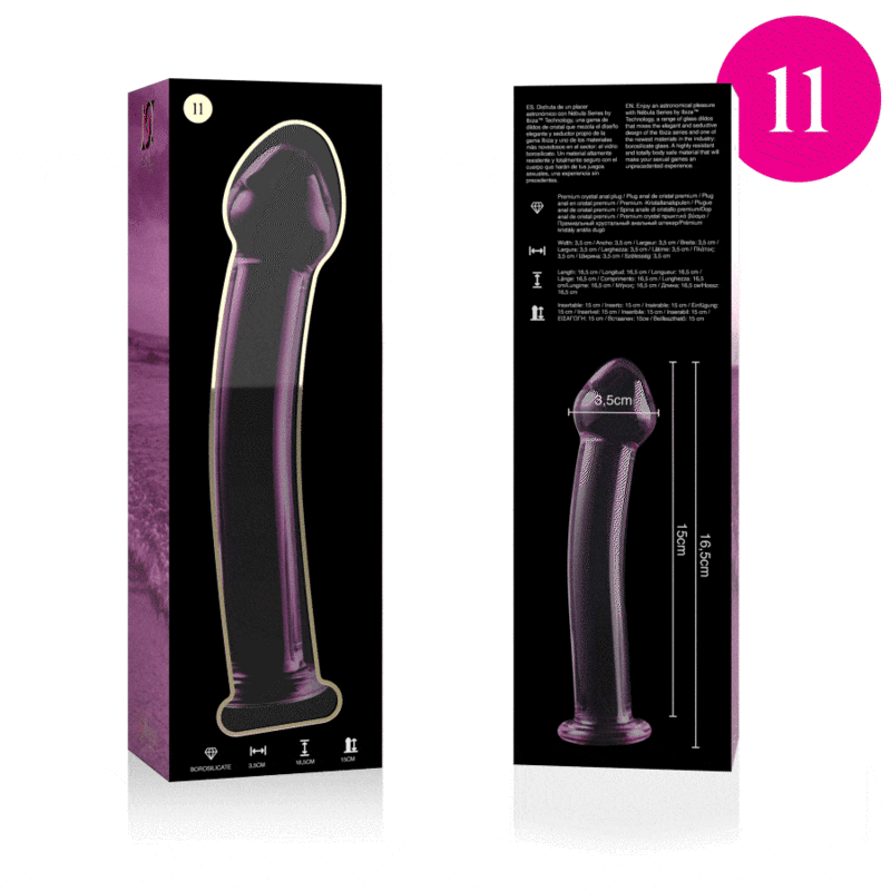 Packaging violet Nebula Series du gode anal en verre borosilicate de 16,5 cm avec visuel cote, tige a tete en gland et base large, matiere non poreuse hygienique.