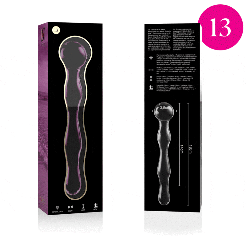 Packaging Nebula Series du gode double en verre borosilicate avec visuel cote, sphere lisse a une extremite et renflements arrondis, tige droite, surface non poreuse.