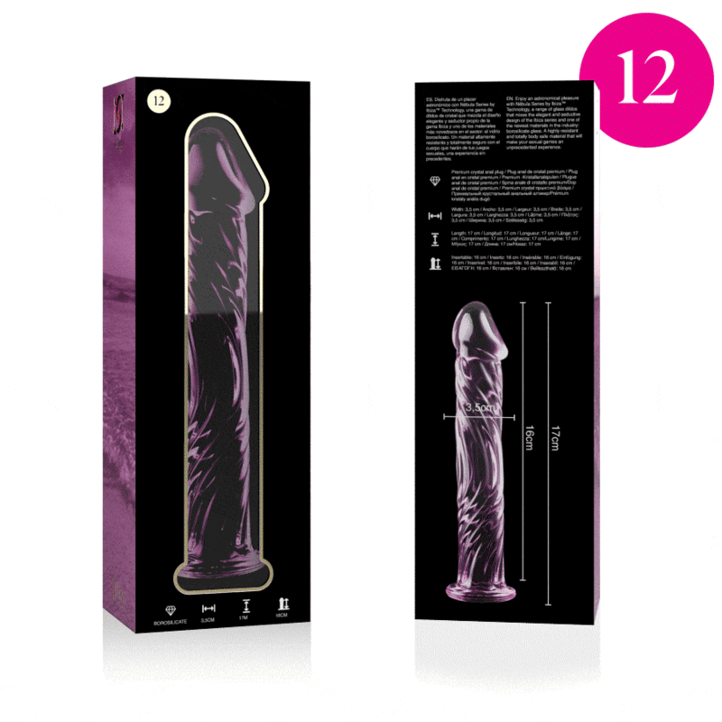Packaging violet Nebula Series du gode en verre borosilicate de 17 cm a tete sculptee et fut texture, visuel cote, base evasee, matiere non poreuse hygienique.