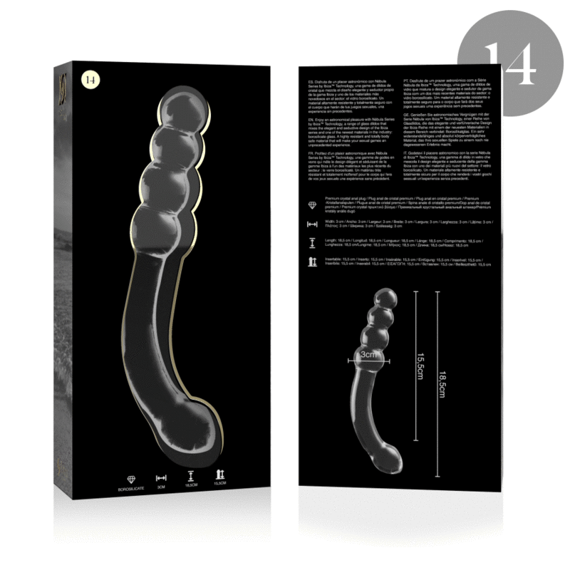 Packaging Nebula Series du gode courbe en verre borosilicate de 18,5 cm avec visuel cote, manche a billes lisses et tete bombee, matiere non poreuse adaptable temperature.