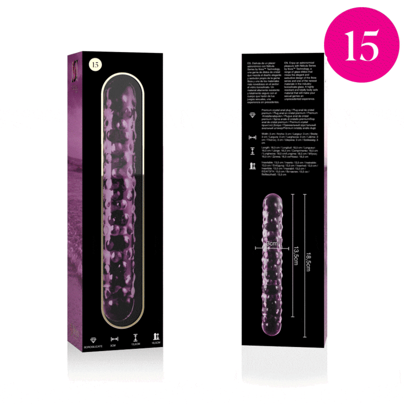 Packaging violet Nebula Series du double gode en verre borosilicate de 18,5 cm avec visuel cote, tige texturee de picots en relief et embouts bombes, surface non poreuse.