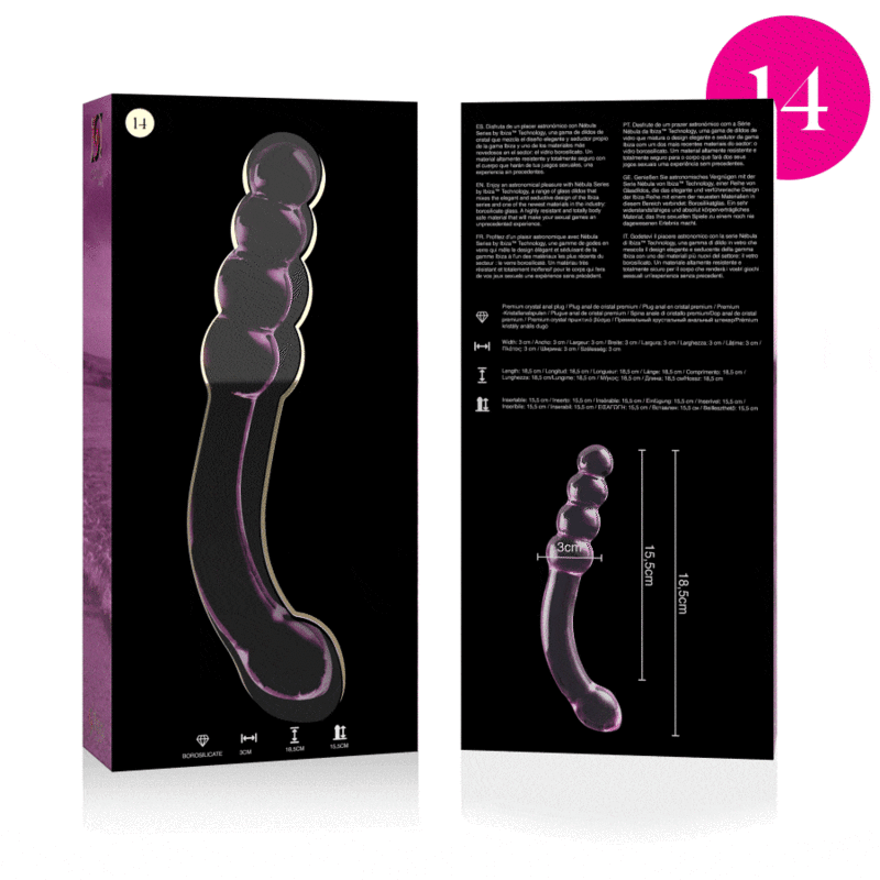 Packaging violet Nebula Series du gode courbe en verre borosilicate de 18,5 cm avec visuel cote, manche a billes lisses et tete bombee, surface non poreuse hygienique.