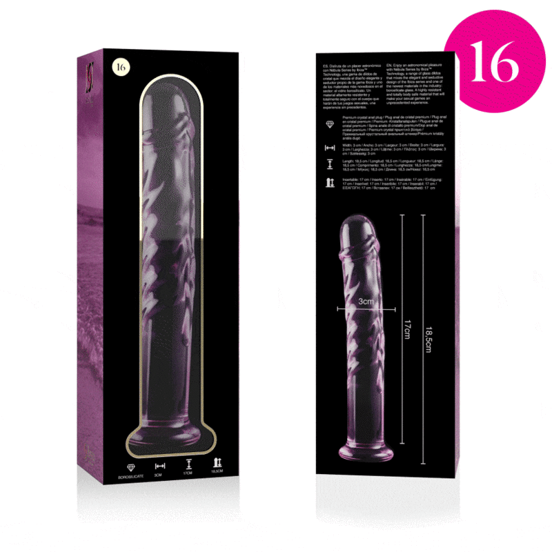 Packaging violet Nebula Series du gode en verre borosilicate rose de 18,5 cm avec visuel cote, tete sculptee et fut strie, base evasee, surface non poreuse hygienique.
