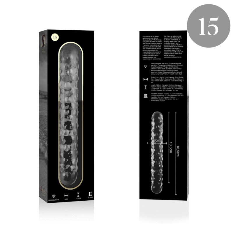 Packaging Nebula Series du double gode en verre borosilicate de 18,5 cm avec visuel cote, tige texturee de picots en relief et embouts bombes, matiere non poreuse.