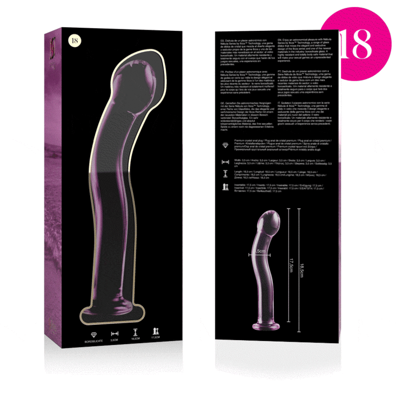 Packaging violet du gode en verre borosilicate Nebula Series avec notice et petit schema de la tige a tete bulbe, sextoy lisse non poreux resistant aux chocs.
