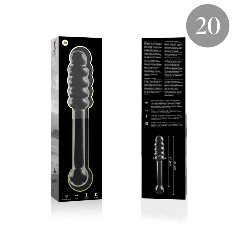 Boite recto verso du gode en verre borosilicate Nebula Series avec notice et schema de la tige annelee, sextoy transparent lisse non poreux thermique.