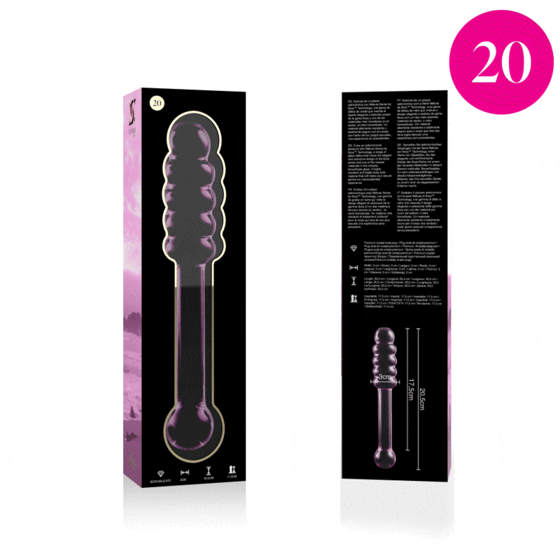 Packaging violet du gode en verre borosilicate Nebula Series avec notice et petit schema de la tige annelee, sextoy transparent lisse non poreux thermique.