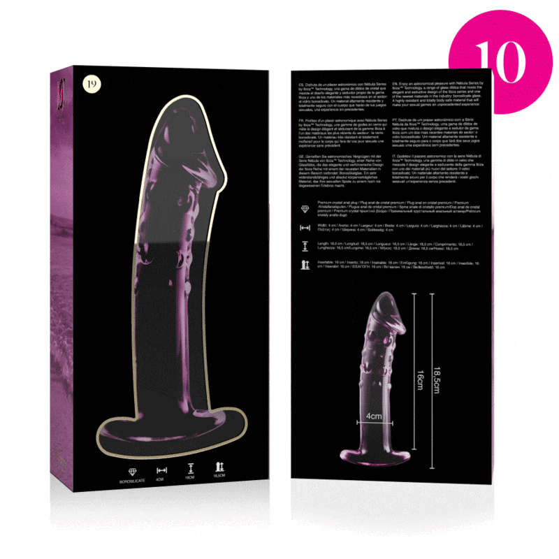 Packaging violet du gode en verre borosilicate Nebula Series avec notice et schema de la tige realiste gland et veines, sextoy transparent non poreux.