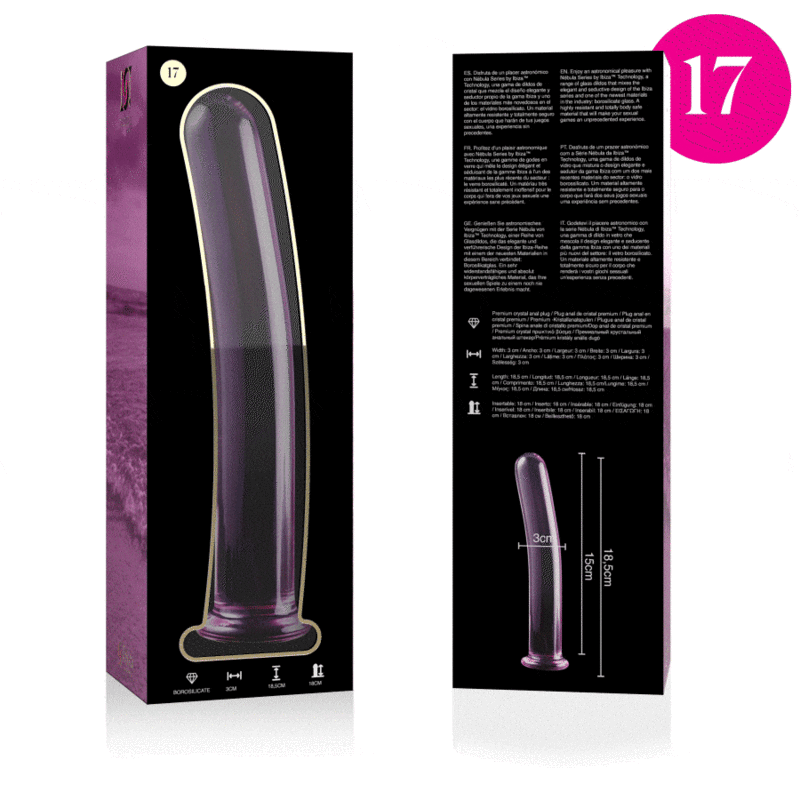 Boite recto verso du gode en verre borosilicate Nebula Series, visuels de la tige transparente lisse et notice, sextoy non poreux compatible tous lubrifiants.